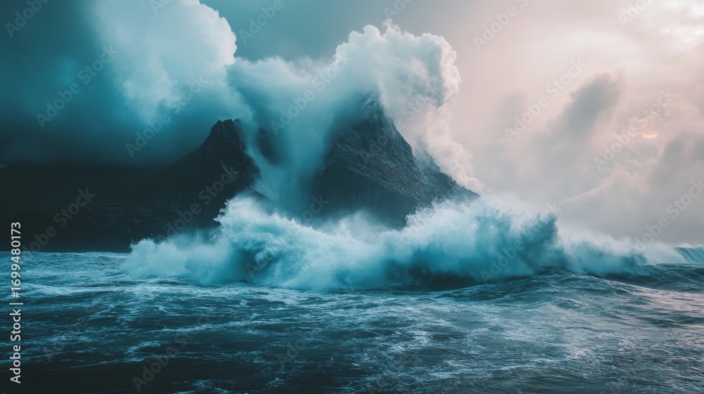 Naklejka premium A dramatic seascape with large waves crashing against a rocky coastline under a stormy sky.