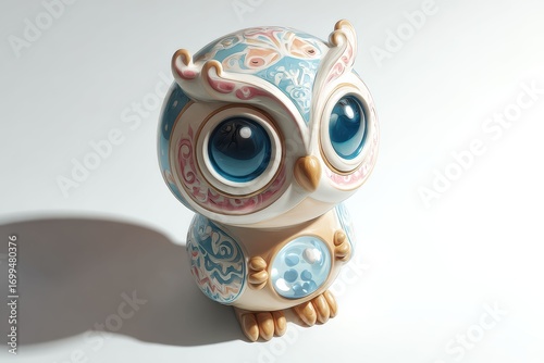 A sweet cartoon owl in a simple robe holding a crystal ball. White background illustration designed for children’s stories, stickers, and learning materials.