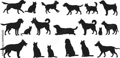 Dog and Cat Silhouettes Vector Collection in Multiple Poses – Sitting, Standing, Playing, Black Pet Icons for Design and Clipart Use