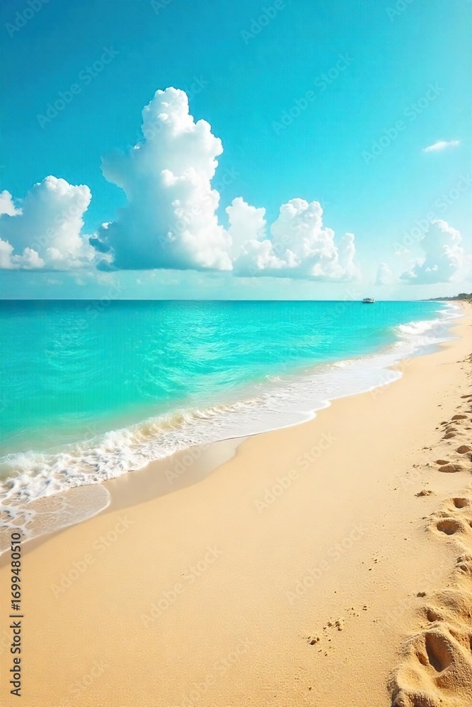 Fototapeta premium Endless expanse of golden sand meets a calm turquoise ocean under a bright, cloudless sky Perfect for summer vacation themes, travel brochures, and relaxation imagery , horizon, travel