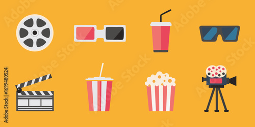 Collection of flat design movie icons on a yellow background