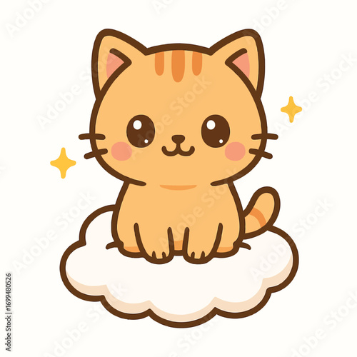 Adorable cartoon tabby cat sits on a fluffy cloud surrounded by sparkling stars, bringing joy and whimsy.