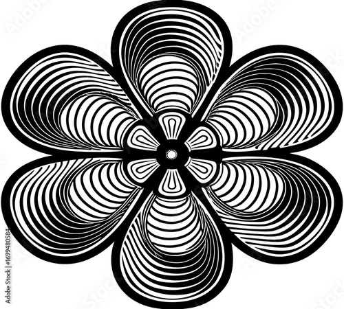 Abstract black and white flower with optical illusion petals