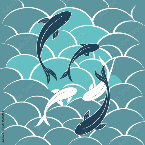 Stylized koi fish swimming in blue and teal waves pattern