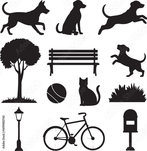 Silhouette collection of dogs cats park bench tree bush lamp bicycle mailbox dog silhouette
