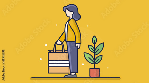 Woman shopping carrying shopping bag flat design