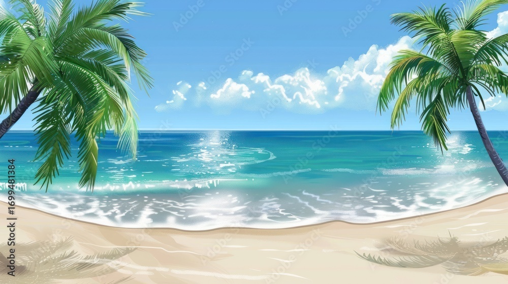 Fototapeta premium Tropical Beach Scene with Palm Trees and Calm Ocean Water