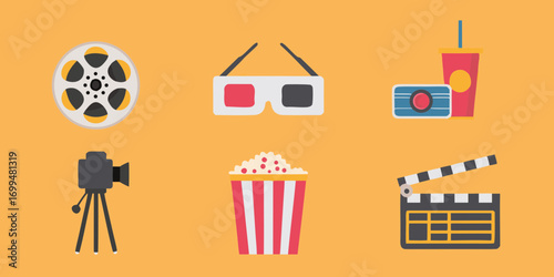 Collection of flat design movie icons on a yellow background