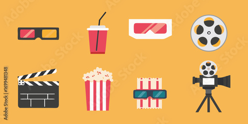 Collection of movie icons including popcorn 3d glasses and film reel