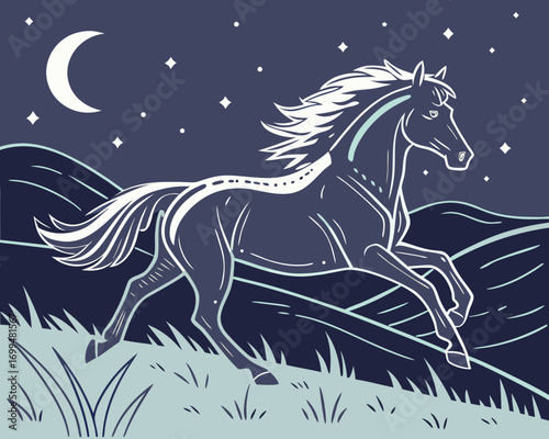 Majestic horse galloping under a crescent moon and starry night sky