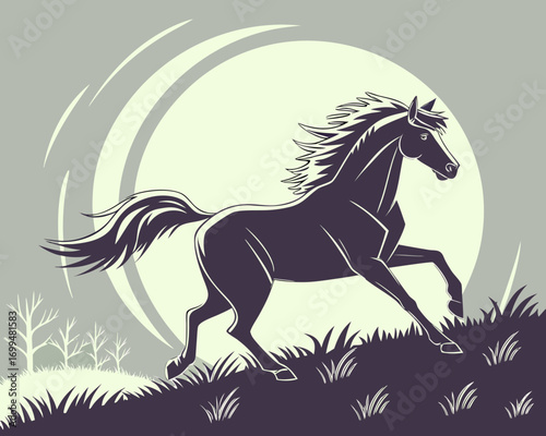 Stylized silhouette of a horse running in a field at dusk
