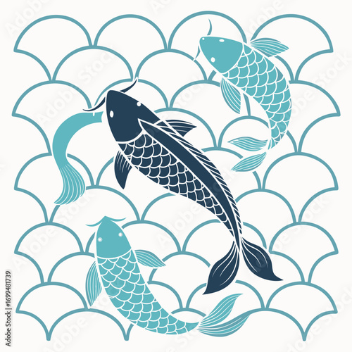 Three stylized koi fish swimming in a wave pattern