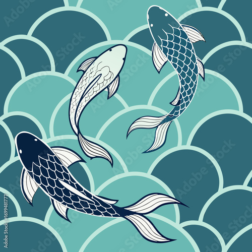Three stylized koi fish swim in a pattern of blue and teal scales
