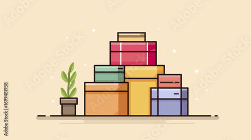 Stacked colorful boxes and plant