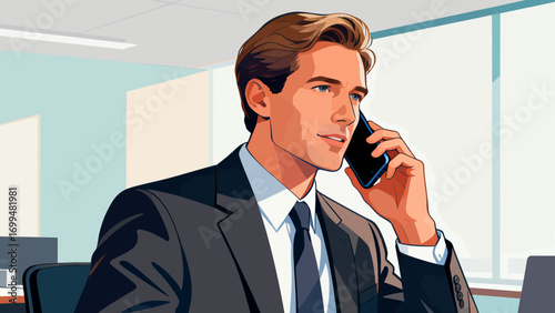 Business people make phone calls in the office to communicate and discuss cooperation. Hand-drawn vector illustration