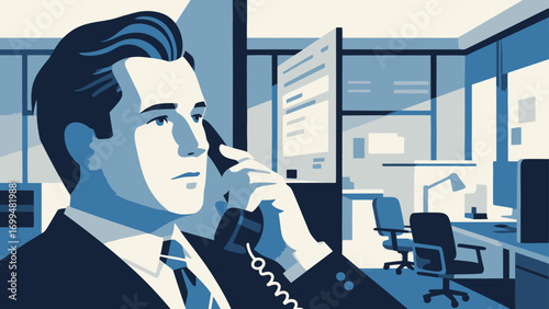Business people make phone calls in the office to communicate and discuss cooperation. Hand-drawn vector illustration