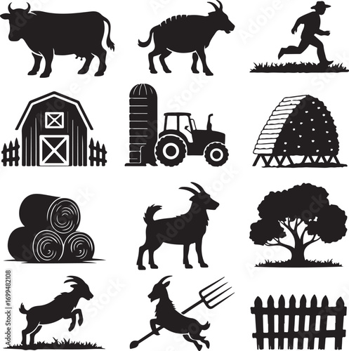 Silhouette collection of farm animals barn tractor hay bales fence tree cow silhouette