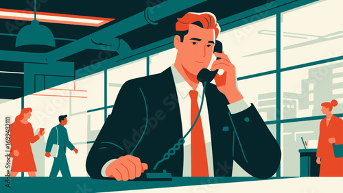 Business people make phone calls in the office to communicate and discuss cooperation. Hand-drawn vector illustration