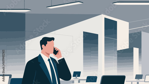 Business people make phone calls in the office to communicate and discuss cooperation. Hand-drawn vector illustration