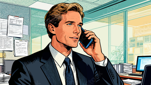 Business people make phone calls in the office to communicate and discuss cooperation. Hand-drawn vector illustration