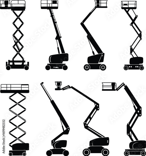 Aerial work platform types, mobile elevating work platforms, scissor lift, boom lift, articulating lift, telescopic lift, construction equipment, black white illustration