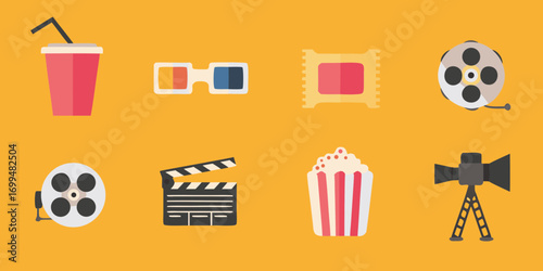 Collection of flat design movie icons on a yellow background
