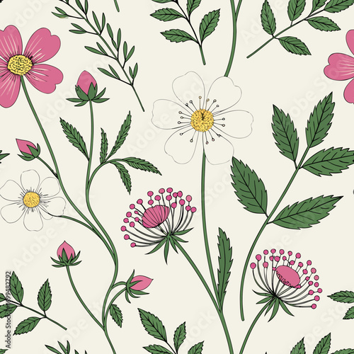 Seamless pattern of delicate wildflowers and green leaves on a cream background