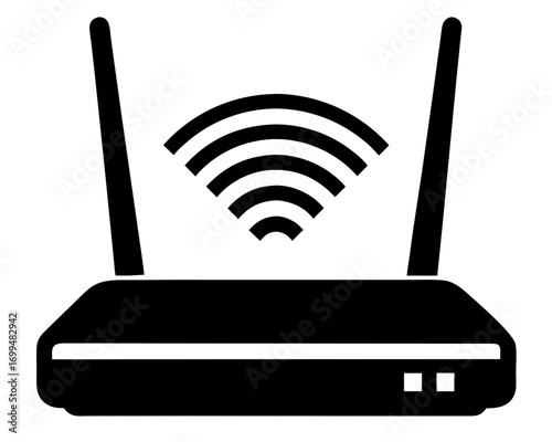 Black and white icon of a wireless router with wifi signal