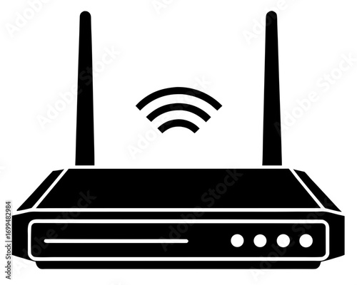 Black and white icon of a wireless router with antennas and wifi signal