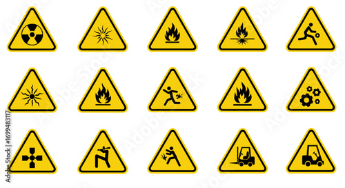 Collection of yellow triangular warning signs with various hazard symbols.