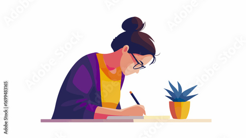 Woman writing at desk illustration