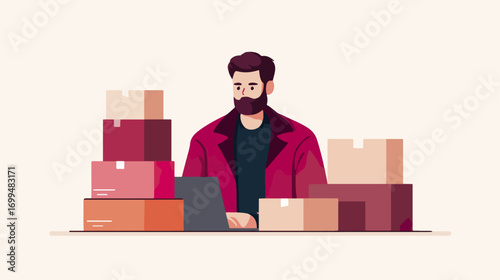 Man working on laptop surrounded by boxes