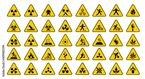 Collection of yellow triangle hazard warning signs on white background.
