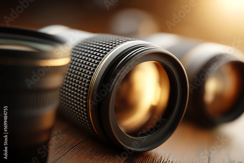 Close-up of camera lenses with textured focus rings placed on a wooden surface, highlighted by warm, soft lighting creating a professional photography ambiance
