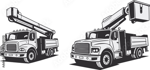 Bucket truck cherry picker, boom lift utility vehicle for maintenance work, extendable arm platform, industrial service truck, black white mechanical illustration