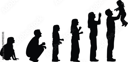 Family growth stages silhouette showing child to adulthood and parenting, evolution of human life cycle in black vector illustration.