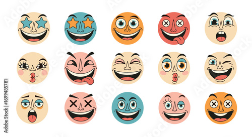 Retro cartoon emoticons expressing various emotions with vintage aesthetic