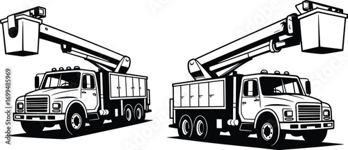 Bucket truck utility vehicle, aerial lift platform for maintenance work, extendable arm boom, industrial service truck, black white mechanical illustration