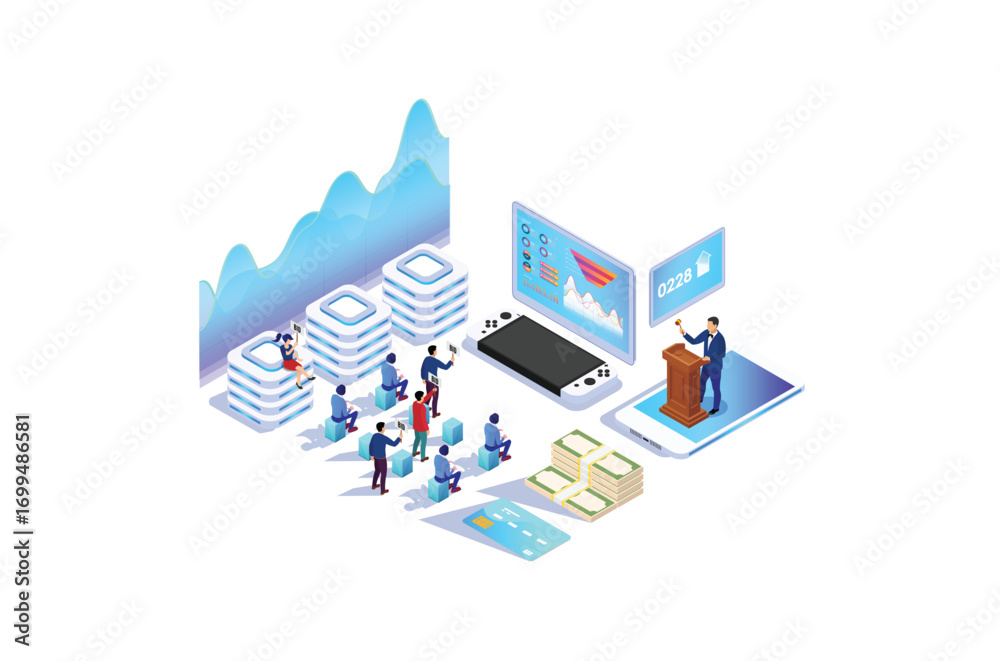 Fototapeta premium Isometric Online Auction Illustration, Web Banners, Suitable for Diagrams, Infographics, Book Illustration, Game Asset, And Other Graphic Related Assets