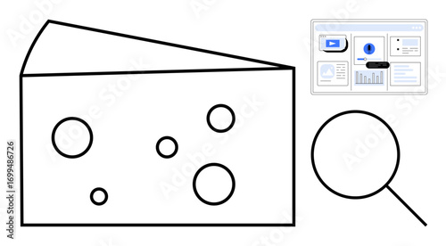 Cheese slice with holes, data dashboard, magnifying glass suggesting investigation, strategy, problem-solving. Ideal for quality control, research, inspection, optimization processes