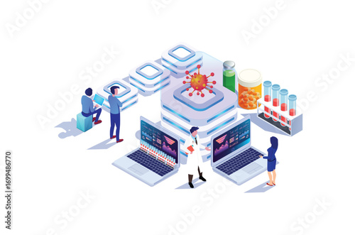 Isometric Modern Covid-19 Vaccine Medical Research Illustration, Web Banner, Suitable for Diagrams, Infographics, Book Illustrations, Game Assets, and Other Graphic Related Assets