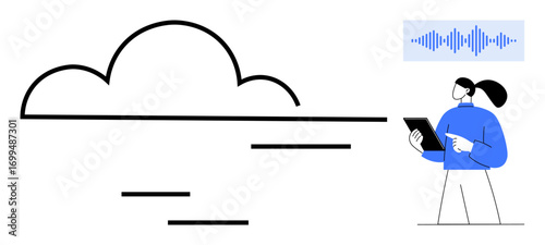 Line cloud illustration, waveform, person holding tablet pointing, signifying digital storage, audio processing. Ideal for technology, AI, data analysis, communication remote work digital tools