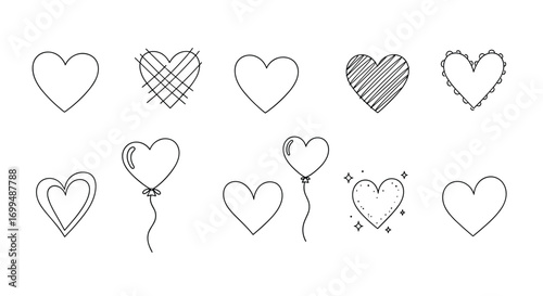 Collection of hand drawn hearts celebrating love romance affection and friendship with sketchy and doodle styles