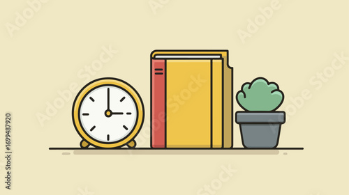 Shelf decor arrangement with clock book and plant