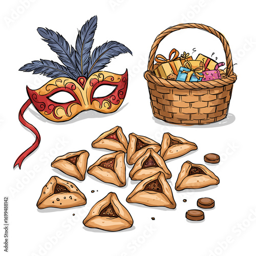 Purim mask, hamantaschen cookies, and gift basket, hand-drawn sketch, Jewish holiday Purim illustration, white background