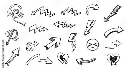 Collection of hand drawn arrows and symbols illustrating direction and action with dynamic motion and expressive elements