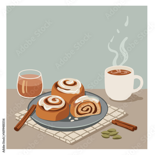 Cinnamon rolls with cardamom glaze in warm Scandinavian cozy aesthetic, minimalist vector-style illustration with flat shapes, rounded corners, and soft layered forms creating a comforting and homely 