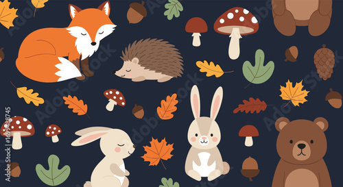 Charming woodland creatures and autumn leaves a whimsical forest scene illustration