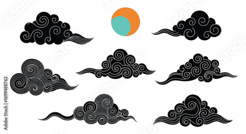 Abstract ornate black cloud illustrations with a simple celestial body above