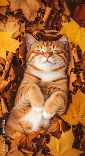 A happy ginger tabby cat sleeping peacefully on its back in a pile of golden and brown autumn leaves.